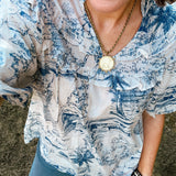 Blue Toile Palms Print Blouse