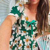 Green Daisy Print Mini Flutter Hem Dress