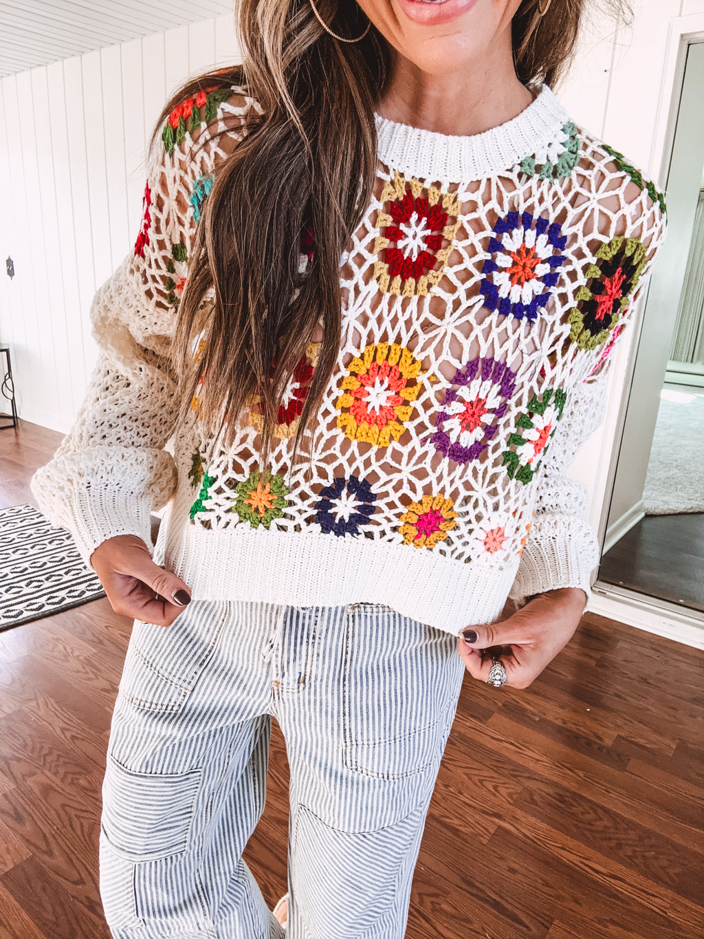 Puff Sleeve Multi Granny Crochet Knit Pullover