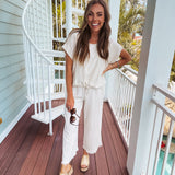 Oatmeal Linen Like Drawstring Hem Round Neck Dolman