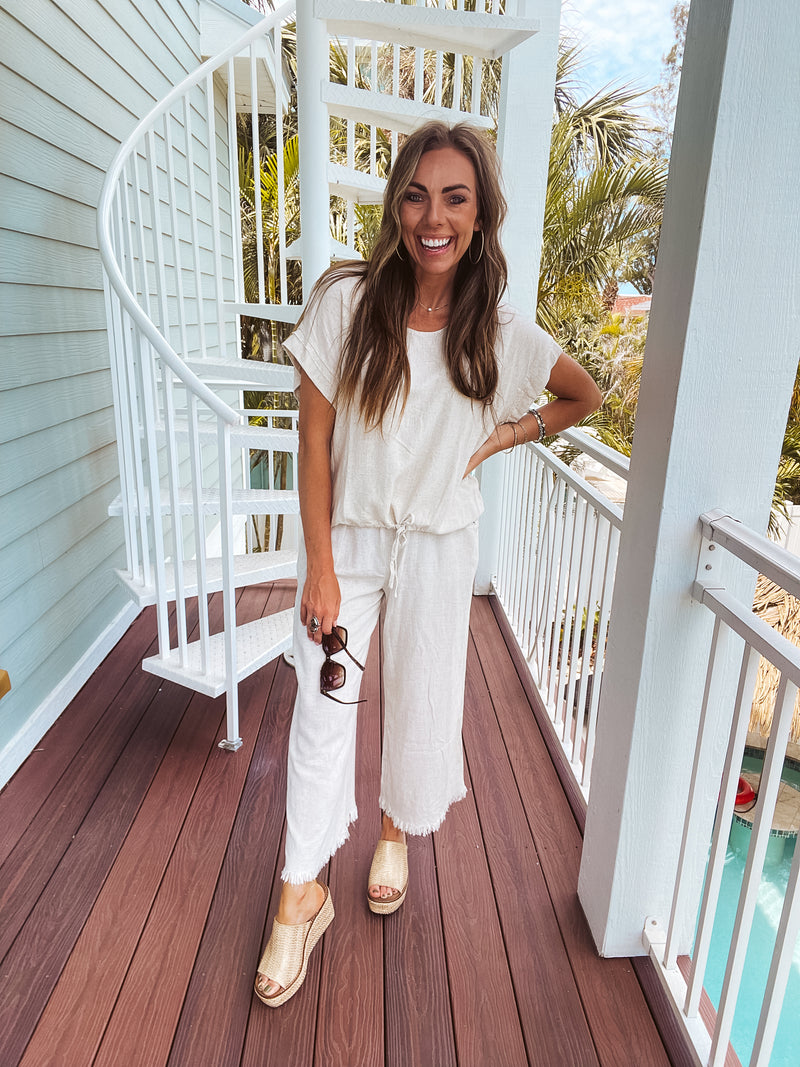 Oatmeal Linen Like Drawstring Hem Round Neck Dolman