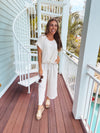 Oatmeal Linen Like Drawstring Hem Round Neck Dolman