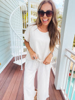 Oatmeal Linen Like Drawstring Hem Round Neck Dolman