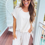 Oatmeal Linen Like Drawstring Hem Round Neck Dolman