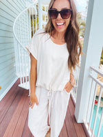 Oatmeal Linen Like Drawstring Hem Round Neck Dolman