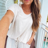 Oatmeal Linen Like Drawstring Hem Round Neck Dolman