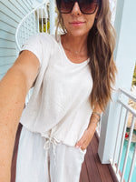 Oatmeal Linen Like Drawstring Hem Round Neck Dolman