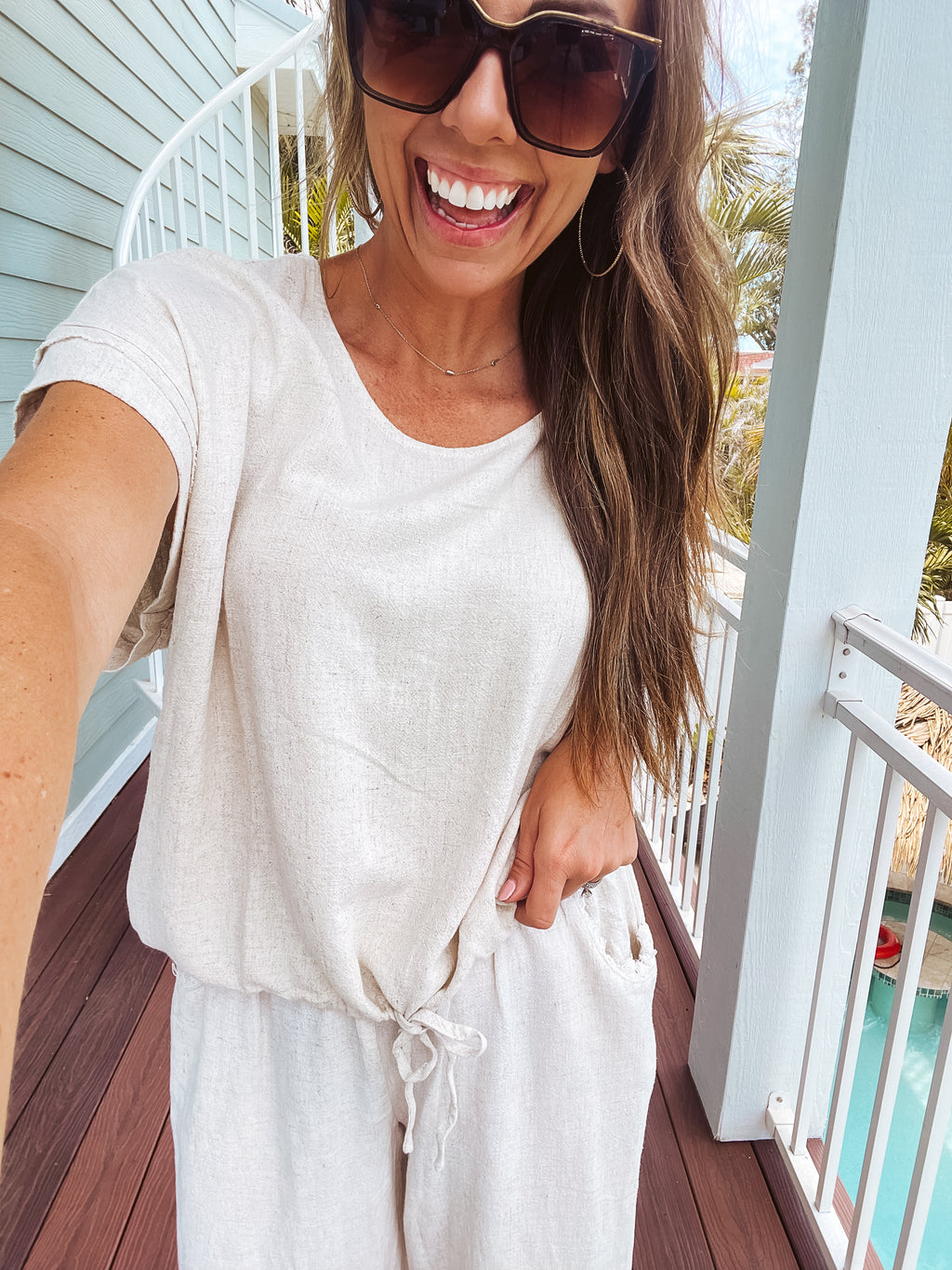 Oatmeal Linen Like Drawstring Hem Round Neck Dolman