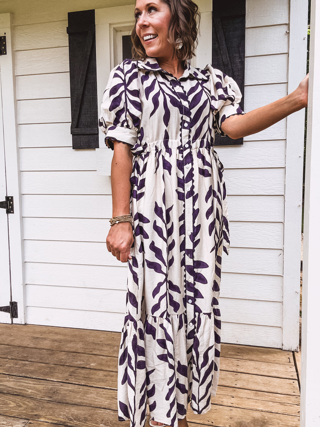Navy Botanical Mix Button Front Flutter Hem Dress