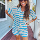 Cream + Blue Drawstring Stripe Short