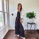 Black ruffled tiered pants, fully lined with elastic waist band.