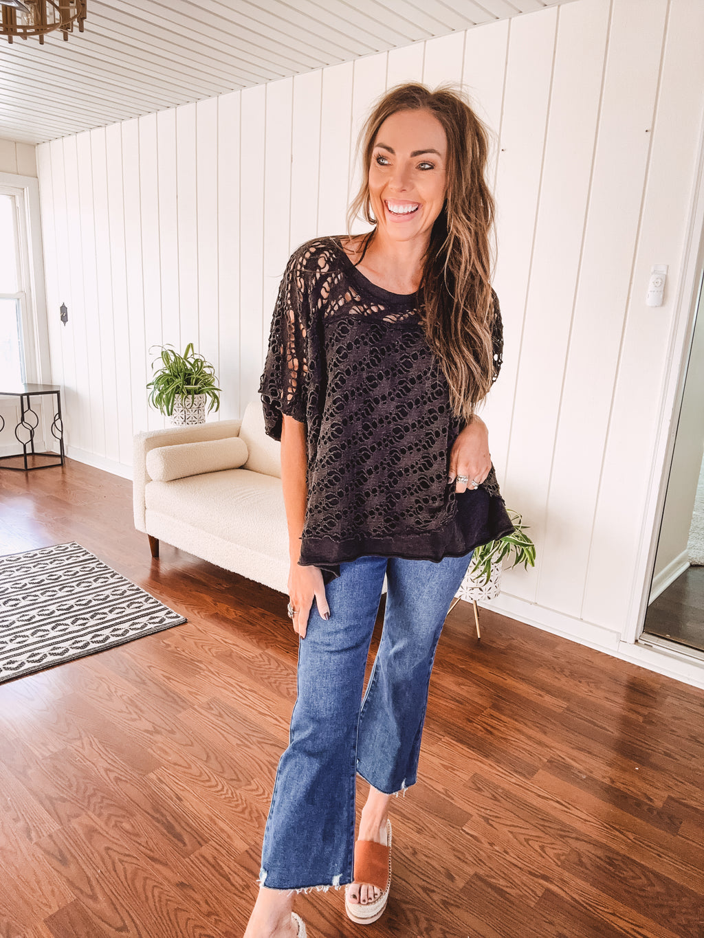 Washed Black Eyelet Pullover