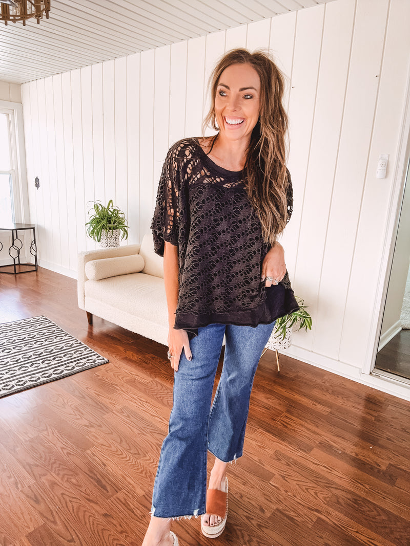 Washed Black Eyelet Pullover