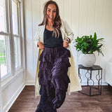 Black ruffled tiered pants, fully lined with elastic waist band.