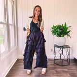 Black ruffled tiered pants, fully lined with elastic waist band.