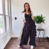 Black ruffled tiered pants, fully lined with elastic waist band.