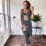 Thin, lightweight black and ivory striped overalls featuring black and ivory lace crochet patches throughout and faux wooden buttons at the adjustable straps and sides.