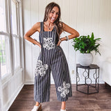 Thin, lightweight black and ivory striped overalls featuring black and ivory lace crochet patches throughout and faux wooden buttons at the adjustable straps and sides.