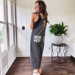 Thin, lightweight black and ivory striped overalls featuring black and ivory lace crochet patches throughout and faux wooden buttons at the adjustable straps and sides.