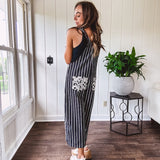 Thin, lightweight black and ivory striped overalls featuring black and ivory lace crochet patches throughout and faux wooden buttons at the adjustable straps and sides.