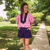 Pink Whimsical Floral Blouse with Wide Yoke Contrast