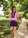 Pink Whimsical Floral Blouse with Wide Yoke Contrast