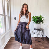 Soft and stretchy black and white striped tank with wide straps, square neckline and micro rib texture.