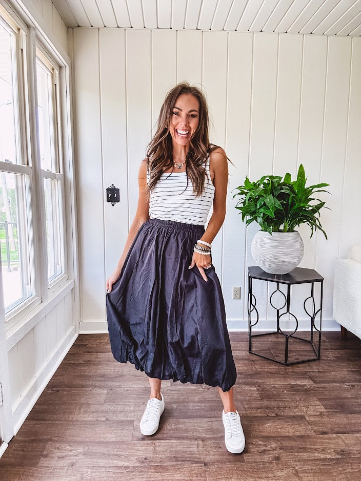 Soft and stretchy black and white striped tank with wide straps, square neckline and micro rib texture.