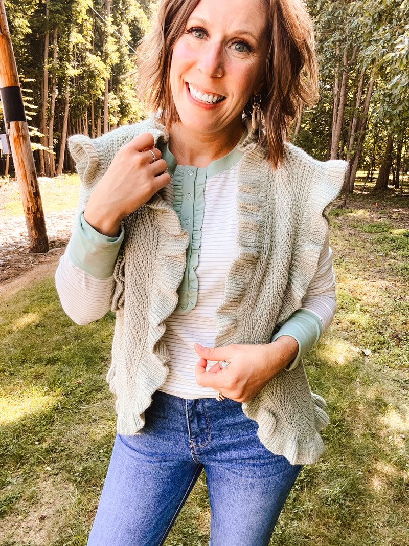 Off White + Sage Stripe Ruffle Henley Top