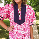 Pink Whimsical Floral Blouse with Wide Yoke Contrast