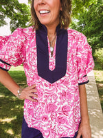 Pink Whimsical Floral Blouse with Wide Yoke Contrast