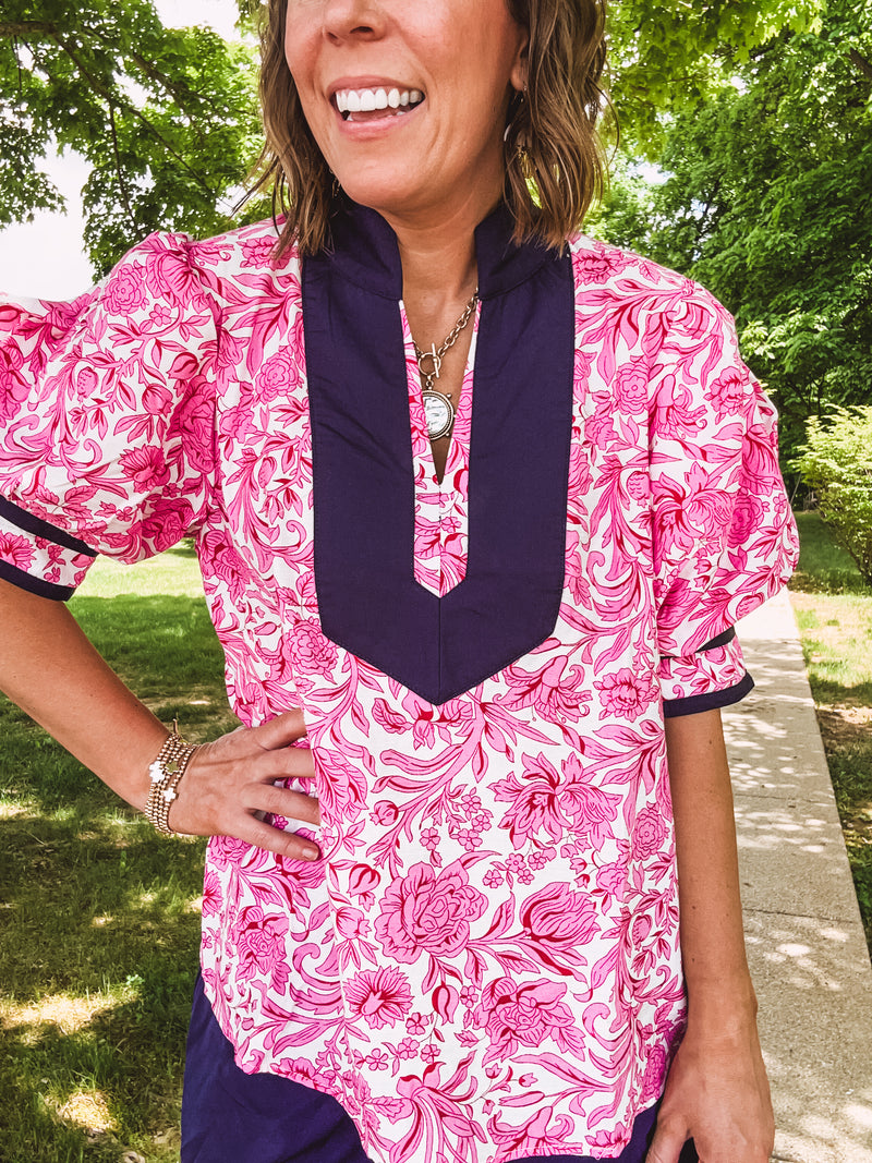 Pink Whimsical Floral Blouse with Wide Yoke Contrast