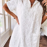 Lined cream denim-like short shift dress with V neck and collar, short sleeves,, contrasting tan stitching, front pocket and eyelet details throughout