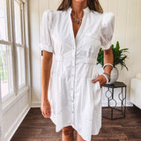 Fully lined white button down front dress with mock neck, V neck, short puffed sleeves, front pocket and elastic bands at the waist for a cinched waist look.