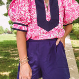 Pink Whimsical Floral Blouse with Wide Yoke Contrast