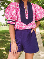 Pink Whimsical Floral Blouse with Wide Yoke Contrast