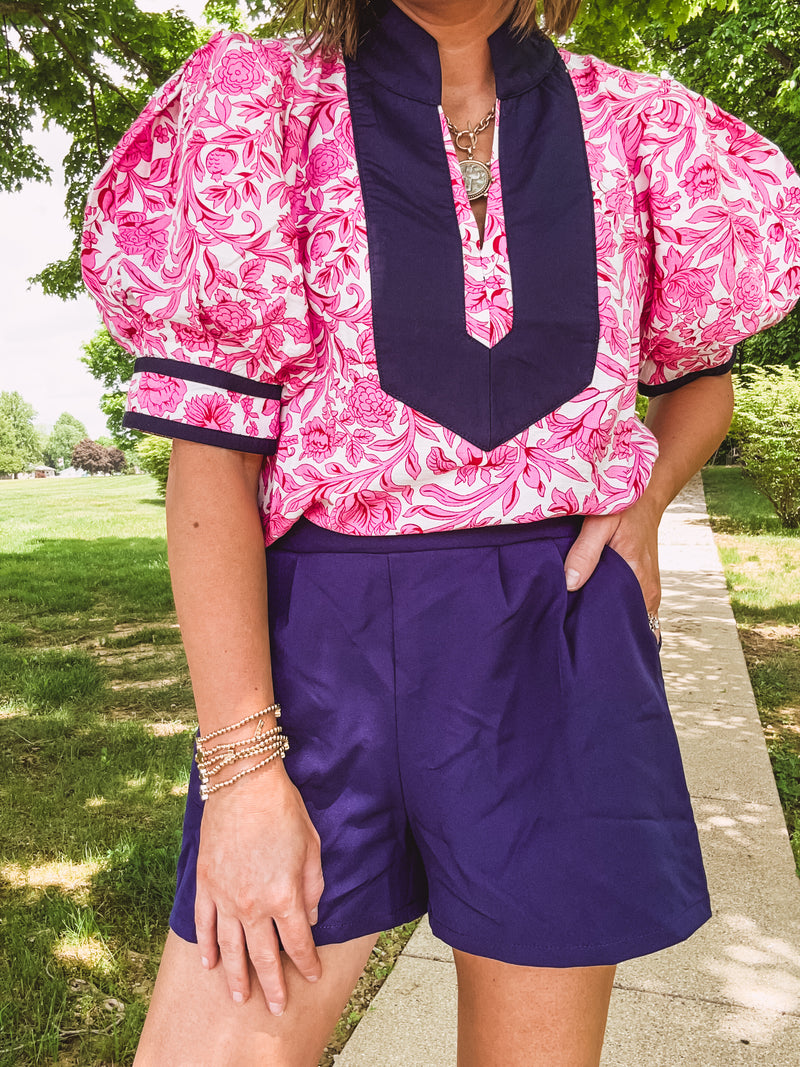 Pink Whimsical Floral Blouse with Wide Yoke Contrast