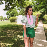Green Whimsical Floral Blouse with Wide Yoke Contrast