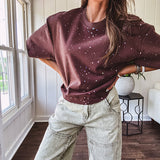 Cotton brown tee with a boxy cut and tie dyed underlayment peeking out of star cutouts, adorned with multicolor mini crystals.