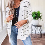 Soft, popcorn textured white cardigan with black striping and side pockets.