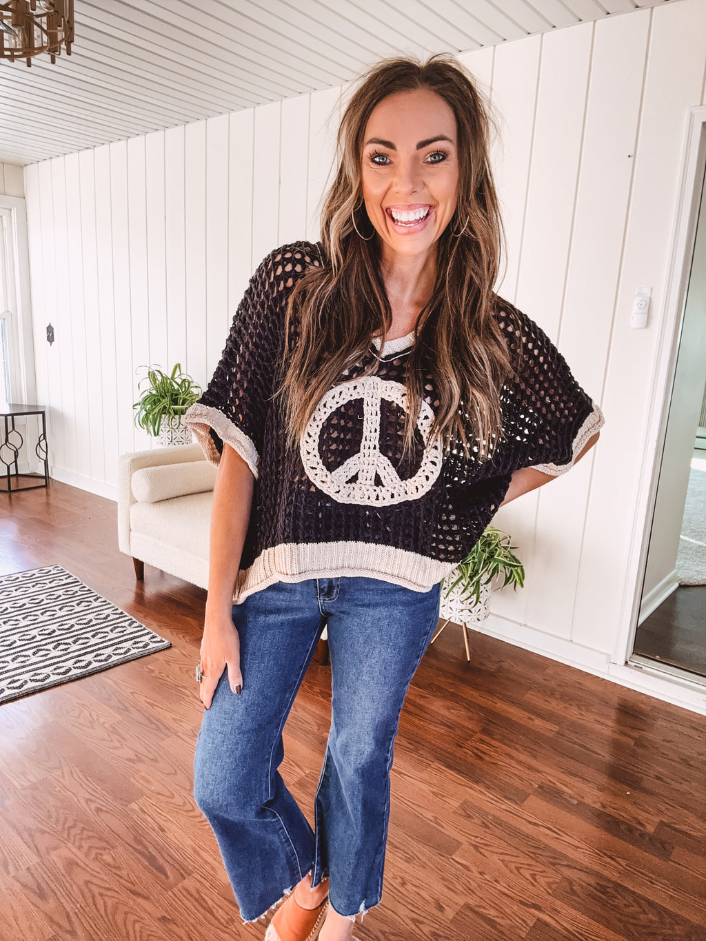 Peace Crochet Open Weave Pullover