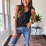 Soft black ribbed textured round neck wide strap tank with 1/4 abalone buttons down the front and relaxed fit.