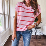 Lightweight woven sweater in blush pink with orange stripes, capped sleeves and a relaxed fit.