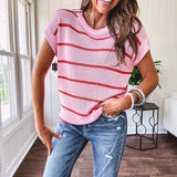 Lightweight woven sweater in blush pink with orange stripes, capped sleeves and a relaxed fit.