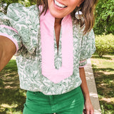 Green Whimsical Floral Blouse with Wide Yoke Contrast