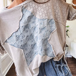 Oversized taupe waffle textured 3/4 sleeve top with lace detail and a denim star patch on the front with exposed seams.