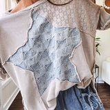 Oversized taupe waffle textured 3/4 sleeve top with lace detail and a denim star patch on the front with exposed seams.