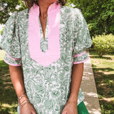 Green Whimsical Floral Blouse with Wide Yoke Contrast