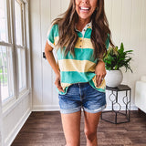 Oversized butter yellow and washed green wide striped Rugby style top with white collar and 1/4 metal button placket and cuffs.