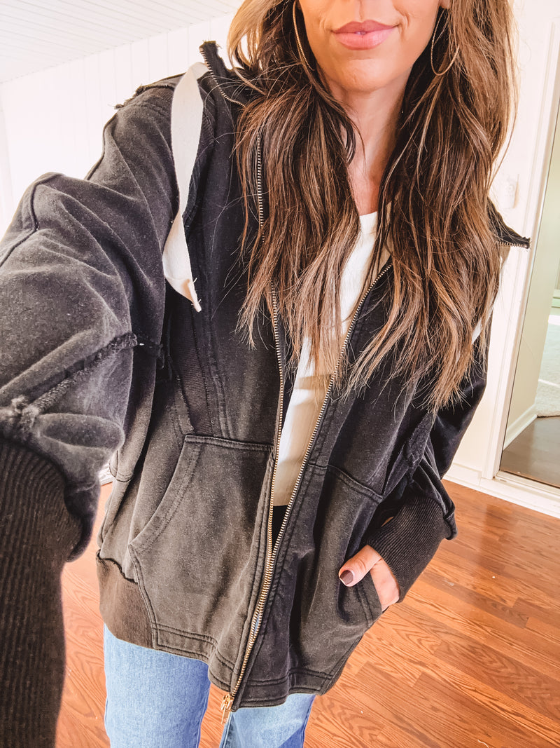 Washed Black Zip Up Hooded Jacket